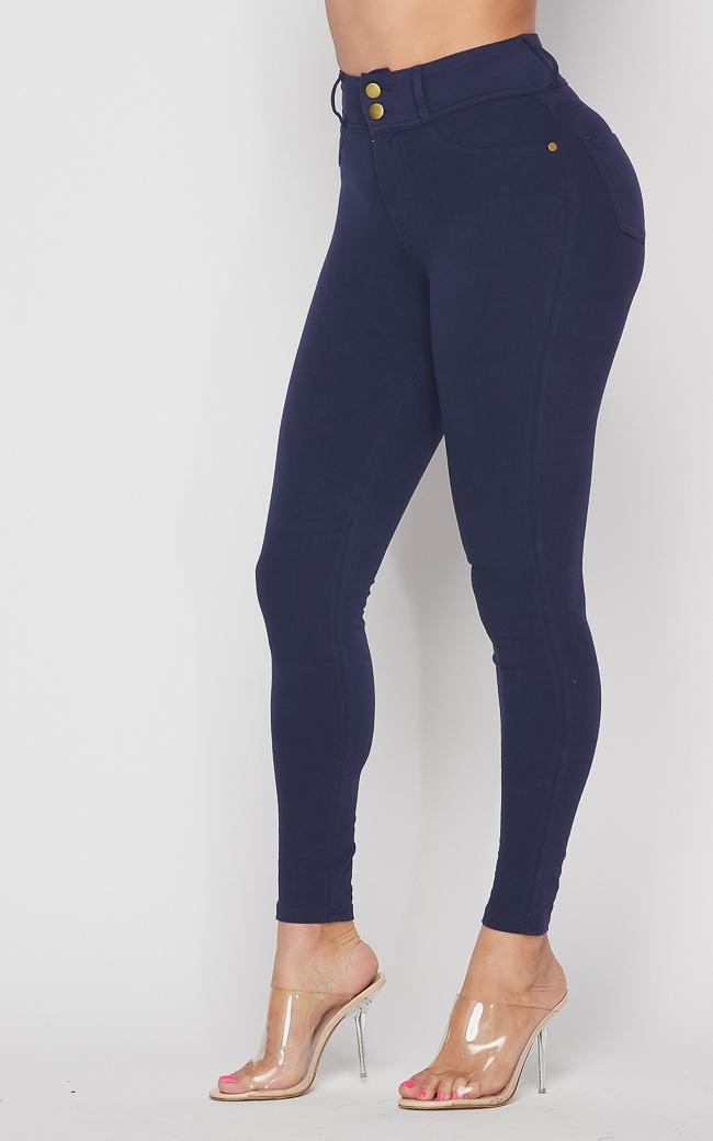 High Waisted Stretchy 2-Button Jeggings - Navy Blue –