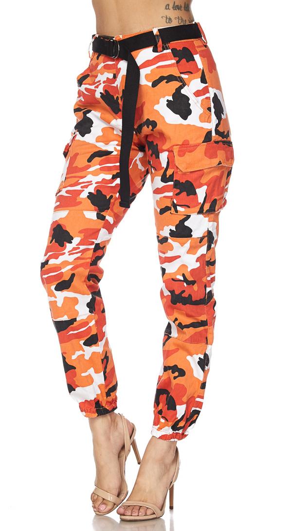 Belted Camouflage Cargo Jogger Pants Orange Plus Size Available