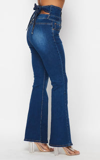Belted Waist Bell Bottom Jeans - Dark Denim - SohoGirl.com