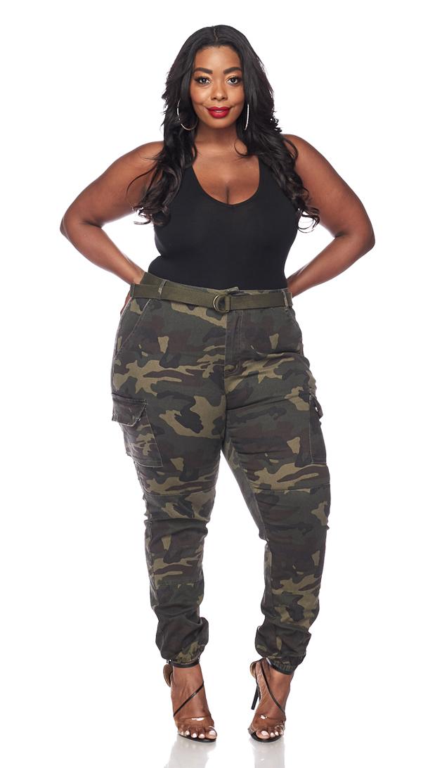 Plus Size Belted Olive Camouflage Cargo Jogger Pants