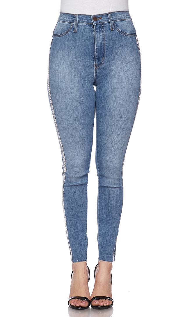 Rhinestone Stripe High Waisted Denim Skinny Jeans