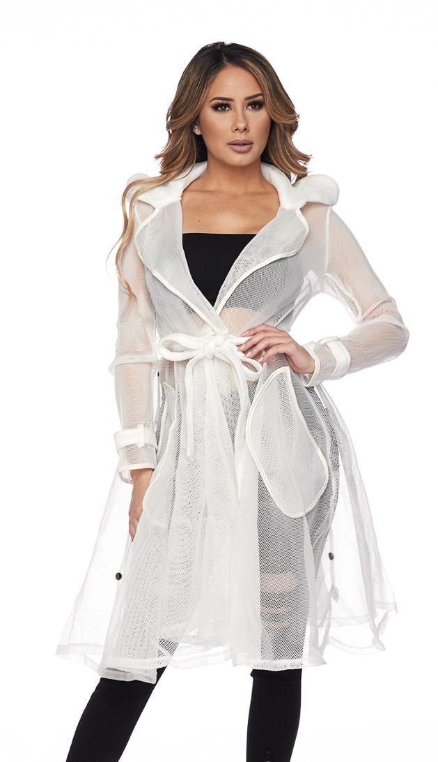 Belted Sheer Mesh Midi Trench Coat White –1