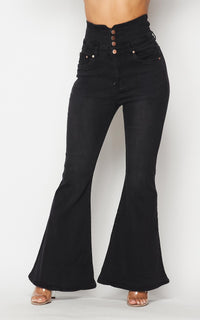 Belted Waist Bell Bottom Jeans - Black - SohoGirl.com
