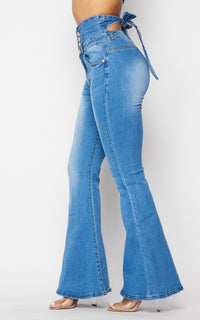 Belted Waist Bell Bottom Jeans - Light Denim - SohoGirl.com