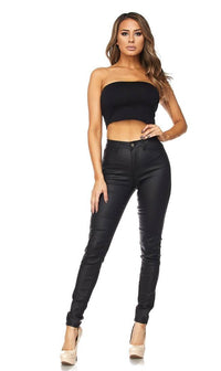 Super High Waisted Faux Leather Stretchy Skinny Jeans - Black - SohoGirl.com