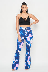 High Waisted Stretchy Tie Dye Bell Bottom Jeans - Blue Pink - SohoGirl.com