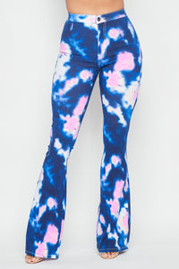 High Waisted Stretchy Tie Dye Bell Bottom Jeans - Blue Pink - SohoGirl.com