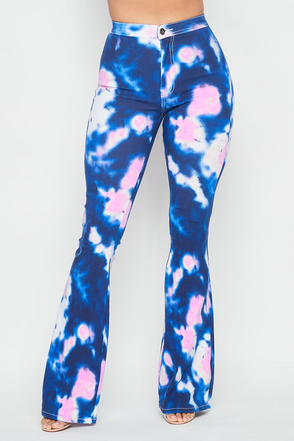 High Waisted Stretchy Tie Dye Bell Bottom Jeans - Blue Pink