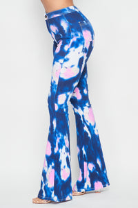 High Waisted Stretchy Tie Dye Bell Bottom Jeans - Blue Pink - SohoGirl.com