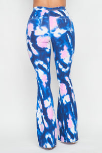 High Waisted Stretchy Tie Dye Bell Bottom Jeans - Blue Pink - SohoGirl.com