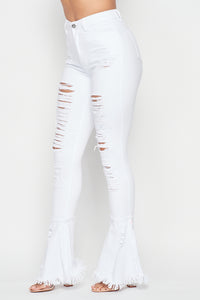 Super High Waisted Distressed Flare Jeans - White - SohoGirl.com