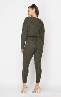 Cable Knit Crop Top and Leggings Set - Olive - SohoGirl.com