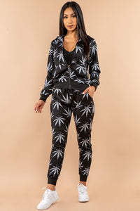 2-Piece Weed Print Zip Up Hoodie W/ Matching Joggers - Black/Grey - SohoGirl.com