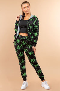2-Piece Weed Print Zip Up Hoodie W/ Matching Joggers - Black/Green - SohoGirl.com