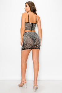 2 Pc. Spaghetti Strap Rhinestone Studded Crop Top W/ Slitted Short Skirt - Black - SohoGirl.com