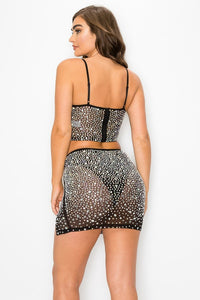 2 Pc. Spaghetti Strap Rhinestone Studded Crop Top W/ Slitted Short Skirt - Black - SohoGirl.com