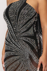 Asymmetric Off Shoulder Rhinestone Maxi Dress - Black - SohoGirl.com