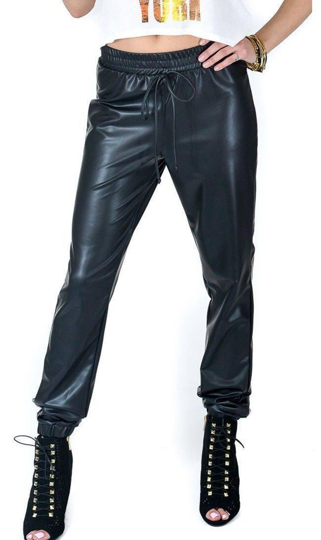 Black Faux Leather Jogger Pants with Drawstring –