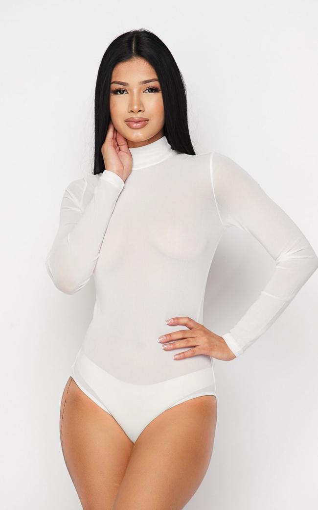 Xingqing Women Sexy Sheer Mesh Bodysuit Long Sleeve Turtleneck See Through  Jumpsuit Geo Print Lace Blouse Top (White, S) at  Women's Clothing  store