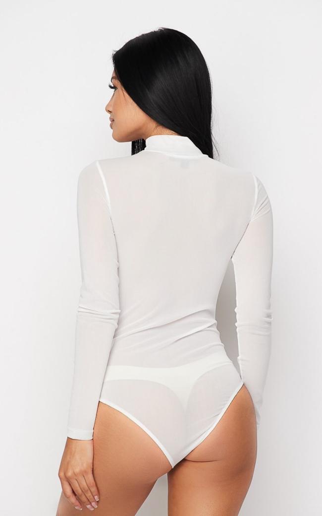 White Long Sleeve High Neck Mesh Bodysuit – IRHAZ