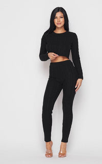 Cable Knit Crop Top and Leggings Set - Black - SohoGirl.com