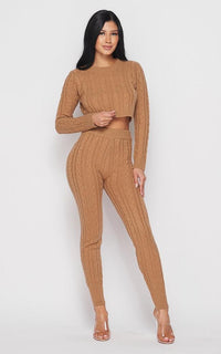 Cable Knit Crop Top and Leggings Set - Mocha - SohoGirl.com