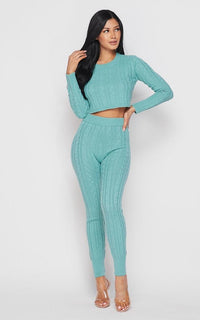 Cable Knit Crop Top and Leggings Set - Teal - SohoGirl.com