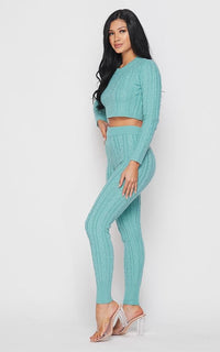 Cable Knit Crop Top and Leggings Set - Teal - SohoGirl.com