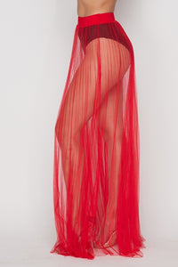Pleated Sheer Thin Tulle Maxi Skirt - Red - SohoGirl.com