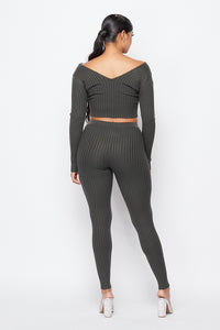 2 Piece Rib Knit Legging Set With V Neck Crop Top - Olive - SohoGirl.com