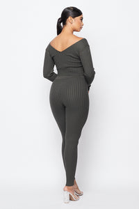 2 Piece Rib Knit Legging Set With V Neck Crop Top - Olive - SohoGirl.com