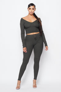 2 Piece Rib Knit Legging Set With V Neck Crop Top - Olive - SohoGirl.com