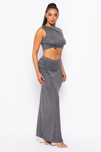 2 Pc. Sleeveless Crop Top W/ Knot In The Front & Maxi Skirt - Charcoal Grey - SohoGirl.com