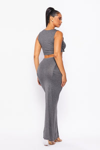 2 Pc. Sleeveless Crop Top W/ Knot In The Front & Maxi Skirt - Charcoal Grey - SohoGirl.com