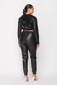 2 Pc. Leather Jogger Set With Hoodie Crop Top - Black - SohoGirl.com