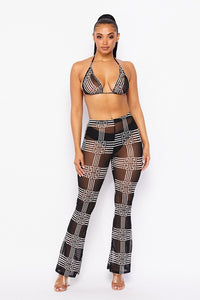 2 Pc. Printed Mesh Bra Top & Pants - Black & White - SohoGirl.com