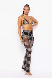 2 Pc. Printed Mesh Bra Top & Pants - Black & White - SohoGirl.com
