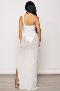 Asymmetric Off Shoulder Rhinestone Maxi Dress - White - SohoGirl.com