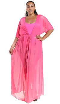 Plus Size Sheer Mesh Maxi Duster - Hot Pink - SohoGirl.com