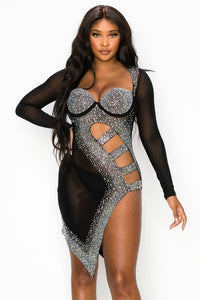 Long Sleeve Rhinestone Mesh Mini Dress W/ Side Slit & Openings- Black - SohoGirl.com