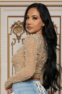 BANJUL RHINESTONE/PEARL STUD LONG SLEEVE CROP TOP - NUDE - SohoGirl.com
