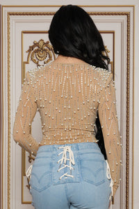 BANJUL RHINESTONE/PEARL STUD LONG SLEEVE CROP TOP - NUDE - SohoGirl.com
