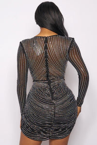 BANJUL RHINESTONE MESH LONG SLEEVE BODYCON DRESS-BLACK - SohoGirl.com