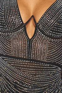 BANJUL RHINESTONE MESH LONG SLEEVE BODYCON DRESS-BLACK - SohoGirl.com