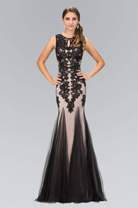 Elizabeth K GL1310P Keyhole Design Floral Lace Embroidered Full Length Gown in Black - SohoGirl.com