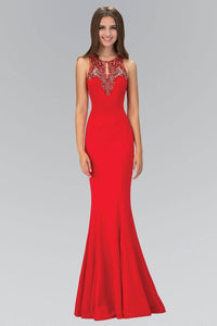 Elizabeth K GL1315D Bead Embellished Keyhole Neckline Sheer Back Full Length Gown in Red - SohoGirl.com