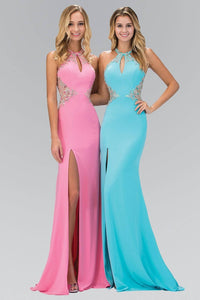 Elizabeth K GL1324X Side Slit Keyhole Neck Jewel Illusion Back Floor Length Gown in Pink - SohoGirl.com