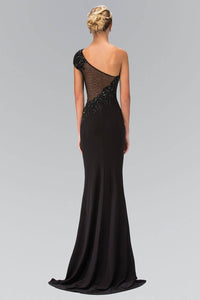 Elizabeth K GL1326X One Shoulder Beaded Design Sheer Back Floor Length Gown in Black - SohoGirl.com