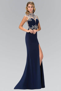 Elizabeth K GL1327X Mock Neck Sweetheart Bodice Floor Length Gown with Side Slit in Navy - SohoGirl.com