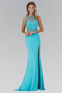 Elizabeth K GL1328X Beaded Illusion Back Cutout Side Slit Full Length Gown in Tiffany - SohoGirl.com